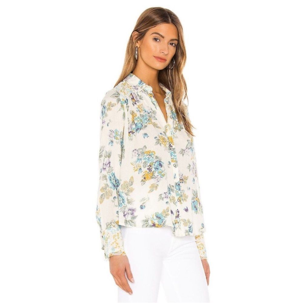 Free People Cream Blue Yellow Floral Hold On To Me Long Sleeve Button Up Top